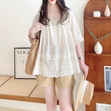 娃娃衫上衣女夏季年新款法式甜美半开襟蕾丝花边刺绣棉质