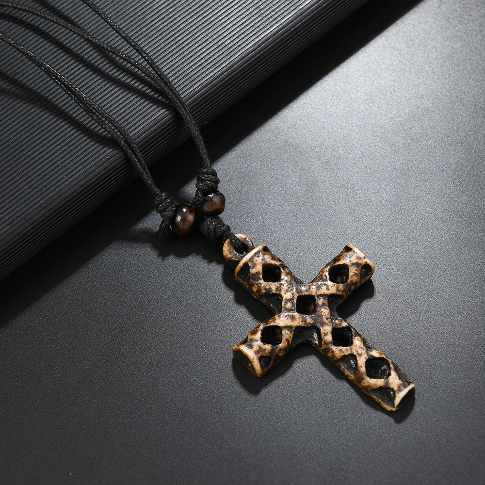 New Personalized Resin Cross Shape Ethnic Style Black Wax Thread Men's Jewelry Necklace_voghion.com