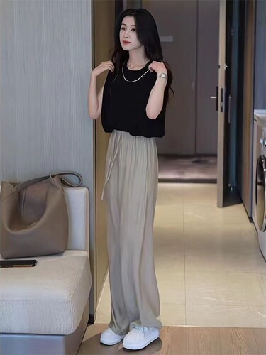 High-quality fashionable suit for women's 2025 Korean style loose casual sleeveless shirt, ice silk wide-leg pants, two-piece set
