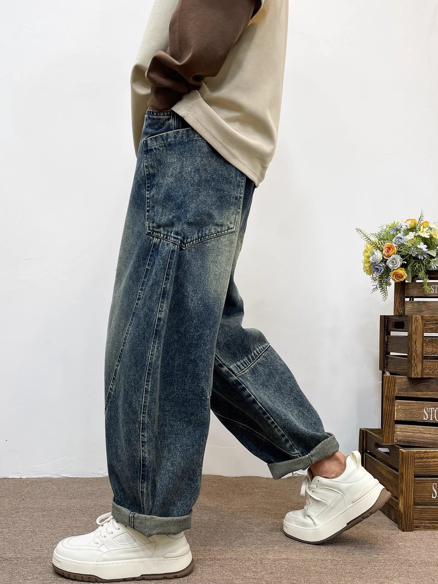 Men's Light Blue Washed Harem Jeans Casual Denim Pants For Men_voghion.com