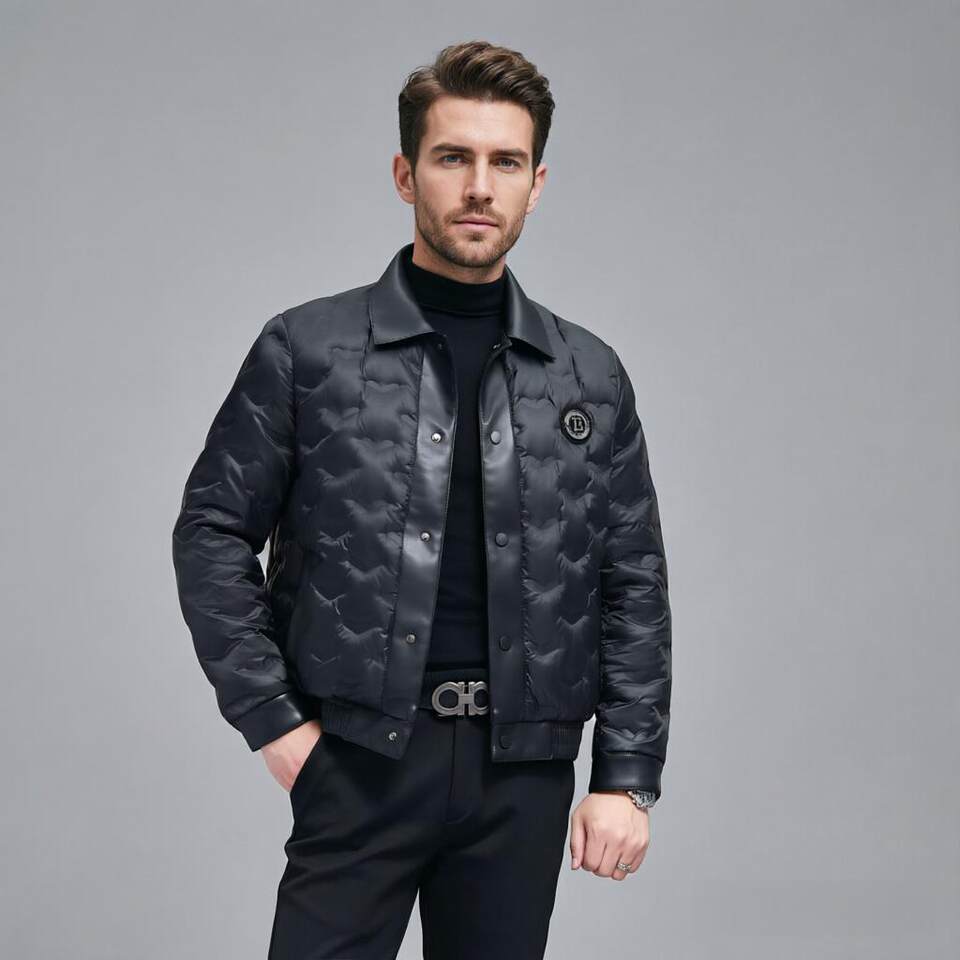 Áo khoác da nam dáng rộng cài nút, lót lông, dài áo 50–65 cm — màu đen
