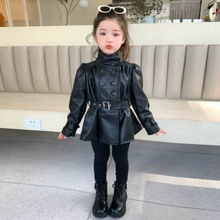 女童加绒皮衣外套秋冬季2025新款洋气儿童收腰皮风衣女宝宝中长款