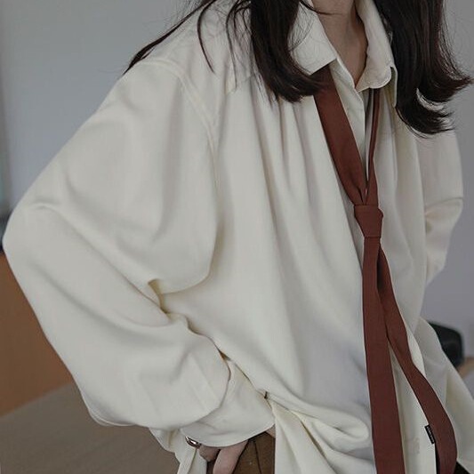 Restaurant Spring and Autumn White Niche Design Shirt Lazy Tie Loose Simple Slim Shirt for Women