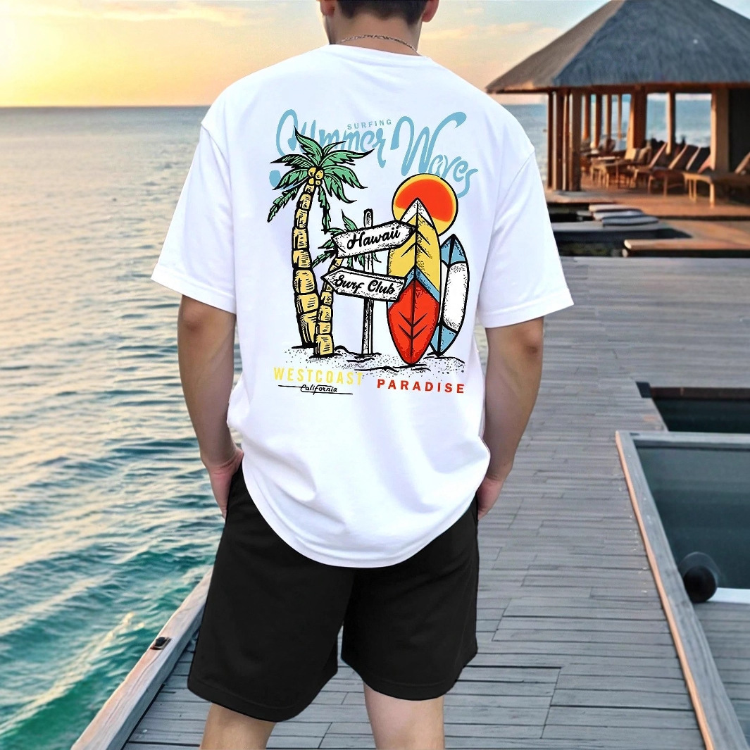 Men's Casual Style T-Shirt Short Sleeve Round Neck Street Style Printed Letter Breathable Summer Soft Set Los Angeles Theme_viptrois.com