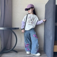 女童秋季个性时髦贴布牛仔阔腿裤中大童女孩韩版洋气长袖T恤套装9