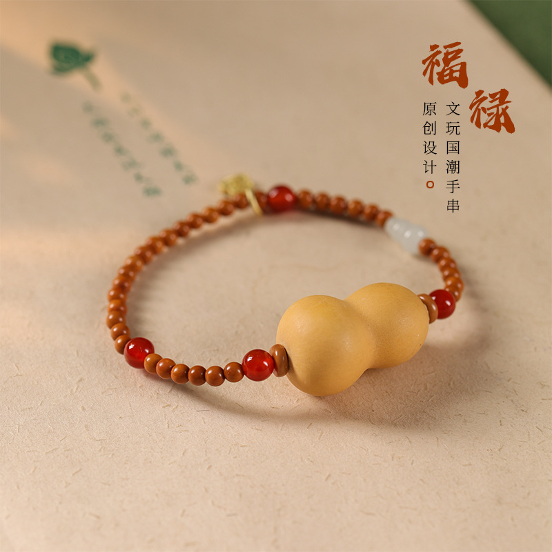 国潮禅意新中式橄榄核圆珠细款福禄葫芦单圈竹节女生气质百搭手串