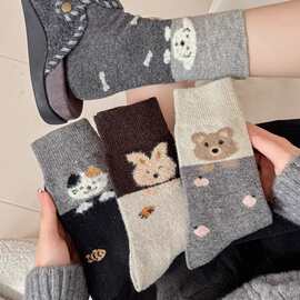 儿童袜子秋冬新款爆款可爱卡通撞色可爱猫咪百搭加厚保暖毛袜中筒