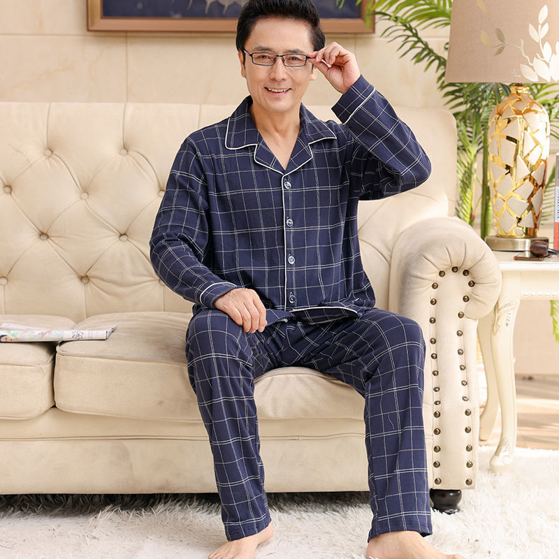 100% algodón pijamas hombres de manga larga primavera y otoño traje de verano homewear de hombres de mediana edad y ancianos