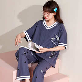 跨境夏季睡衣女士短袖长裤简约休闲大码薄款棉质家居服套装批发