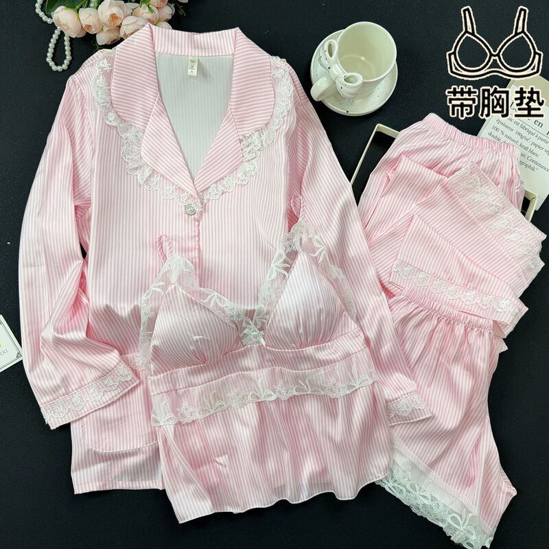 2026 New Summer Women's Pure Desire Sexy Camisole Long Pants Long Sleeve Four-Piece Pajama Set with Ice Silk and Chest Pads Home Wear