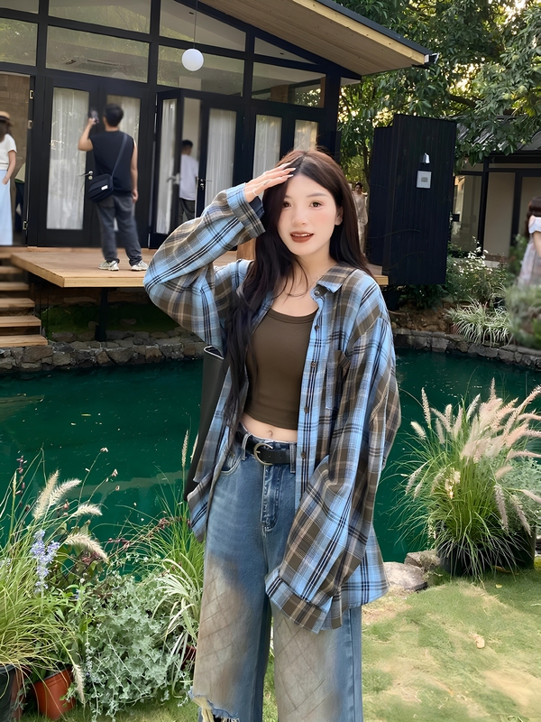 法式复古感格子衬衣外套女宽松长袖慵懒休闲早秋防晒衬衫上衣|undefined