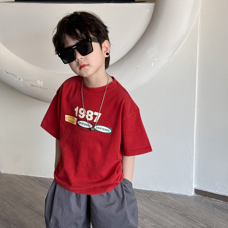 夏子供服新しい子供プリント半袖 Tシャツボーイズレターダメージレトロ半袖トップストリートファッション T|undefined