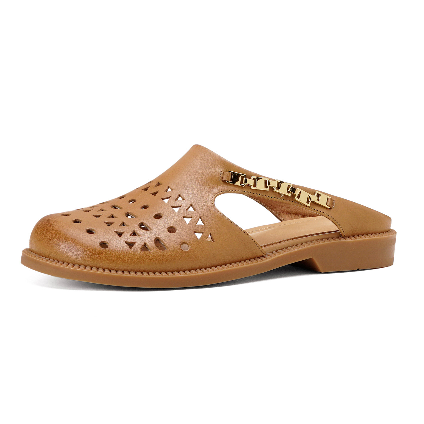 Dép sandal nữ da bò mũi trùm đế bệt kiểu lỗ thoáng khí — đen