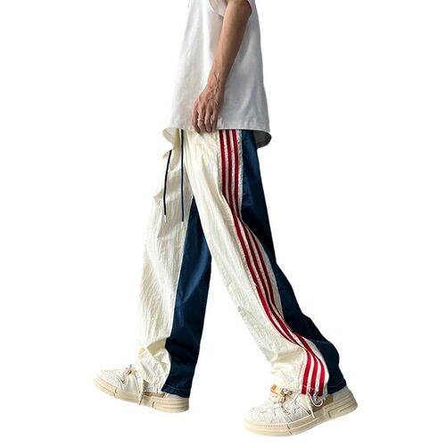 Men's Autumn American Design Sweatpants with Ice Silk Quick-Dry Striped Straight Leg Loose Casual Sports Pants