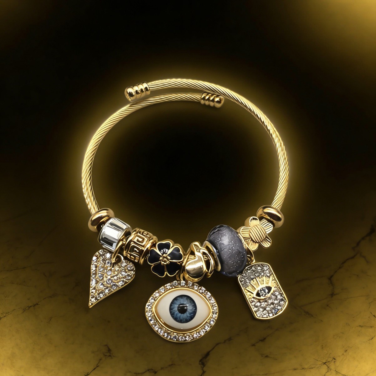 Panjia pulsera de acero inoxidable explosión transfronteriza oro diamante aleación diablo ojo de amor nota joyas flores image 1