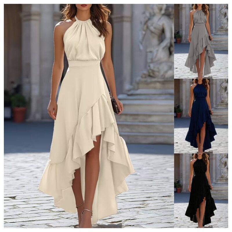 2026 Women's European and American Cross-Border Fashion Spring/Summer Sleeveless Halter Neck Waist-Cinching Irregular Ruffle Women's Dress In Stock 2026 Women's European and American Cross-Border Fashion Spring/Summer Sleeveless Halter Neck Waist-Cinching Irregular Ruffle Women's Dress In Stock