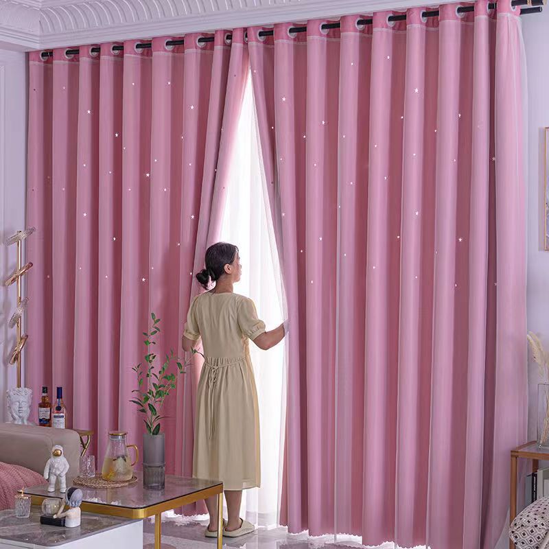 2024 New Internet Celebrity Curtains Korean Double-Layer Hollow Star Cloth Yarn Integrated Princess Style Bay Window Bedroom Blackout Window