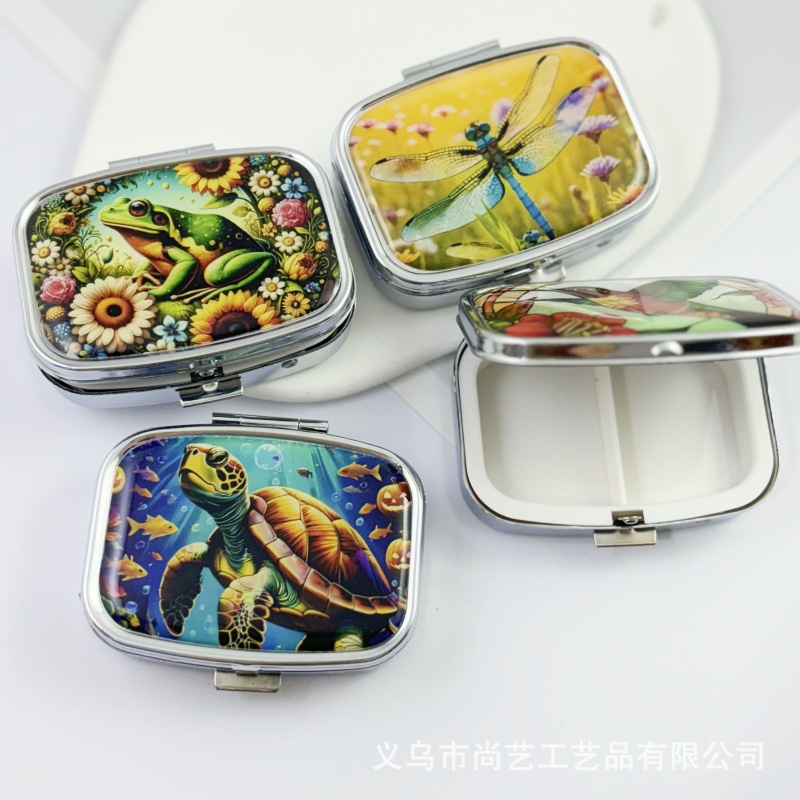跨境方形二格滴胶药丸盒 蜻蜓海龟金属药盒 香膏盒 pillbox