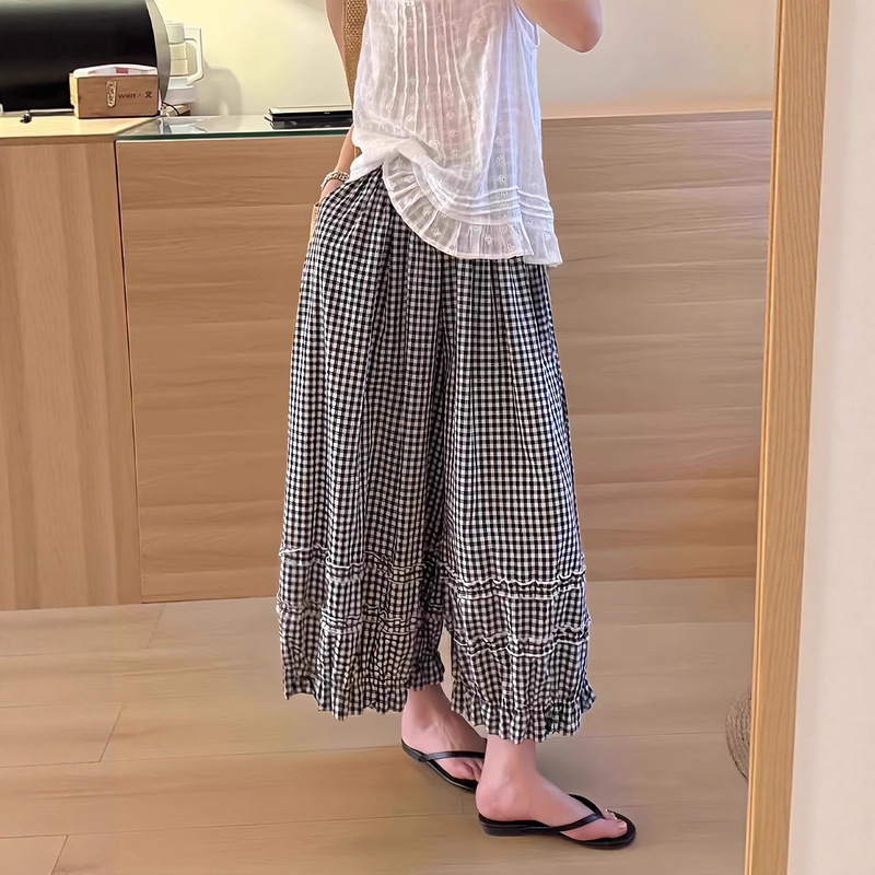 木耳边黑白格子阔腿裤女夏薄款2025新款松紧腰休闲宽松灯笼九分裤|undefined
