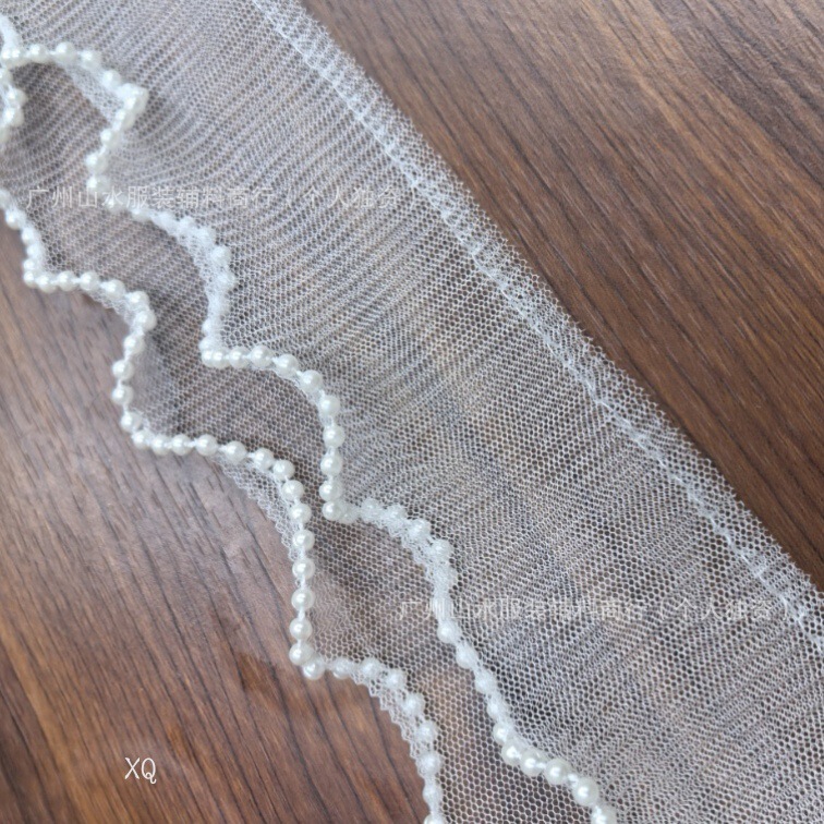 Slightly Elastic Double-Layer Mesh in Off-White with Pearl Beads and Ruffled Edges for Women's Clothing Decoration, Collar Accessory, Wide Lace Mesh Fabric