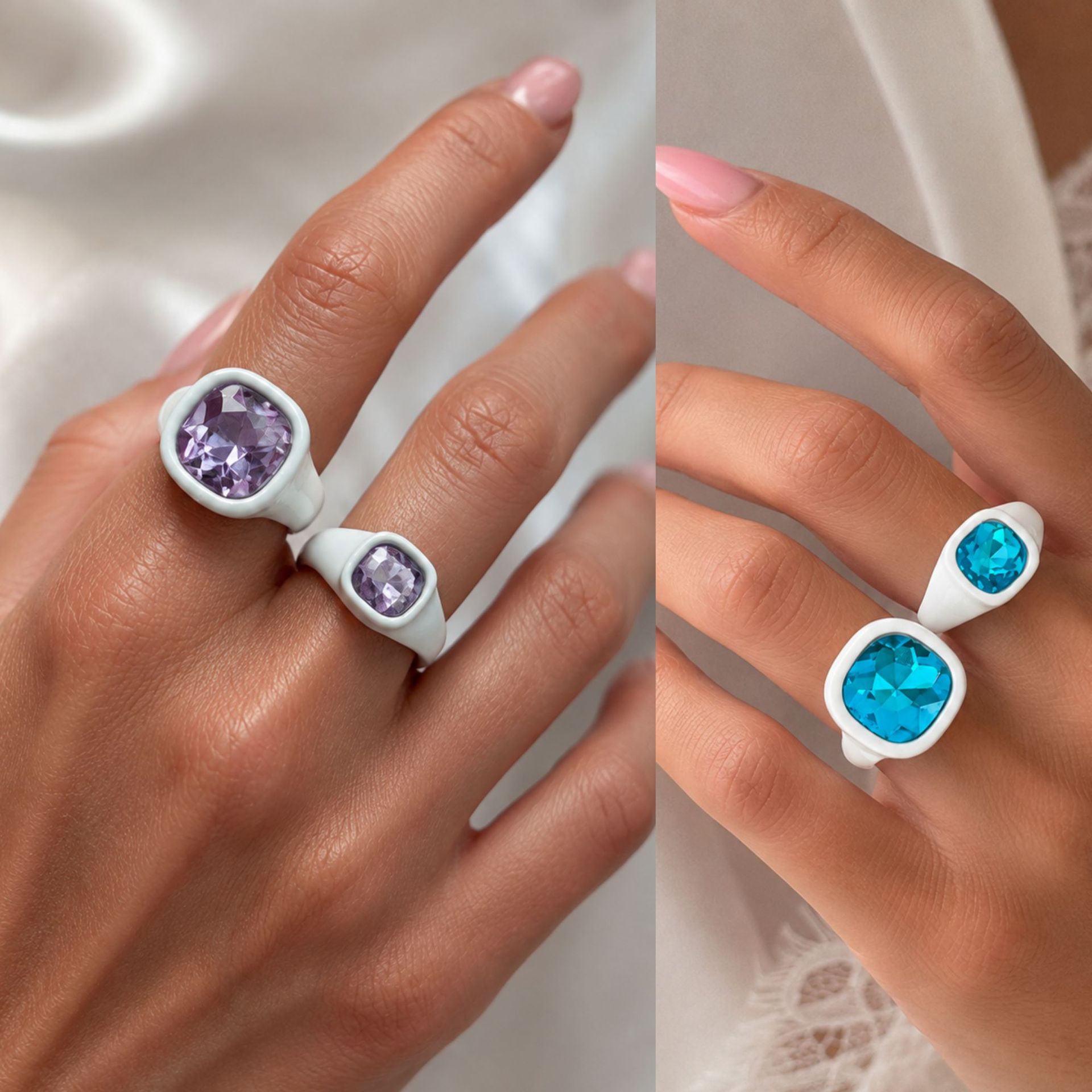 European and American cross-border ins-style acrylic square diamond gemstone stackable rings, fashionable ins metal spray-painted edge rings