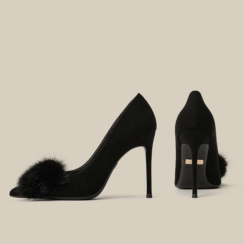 2023 новая осенне-зимняя французская плюшевая обувь на высоком каблуке, женская обувь на шпильке, сексуальная заостренный темперамент, универсальная профессиональная обувь