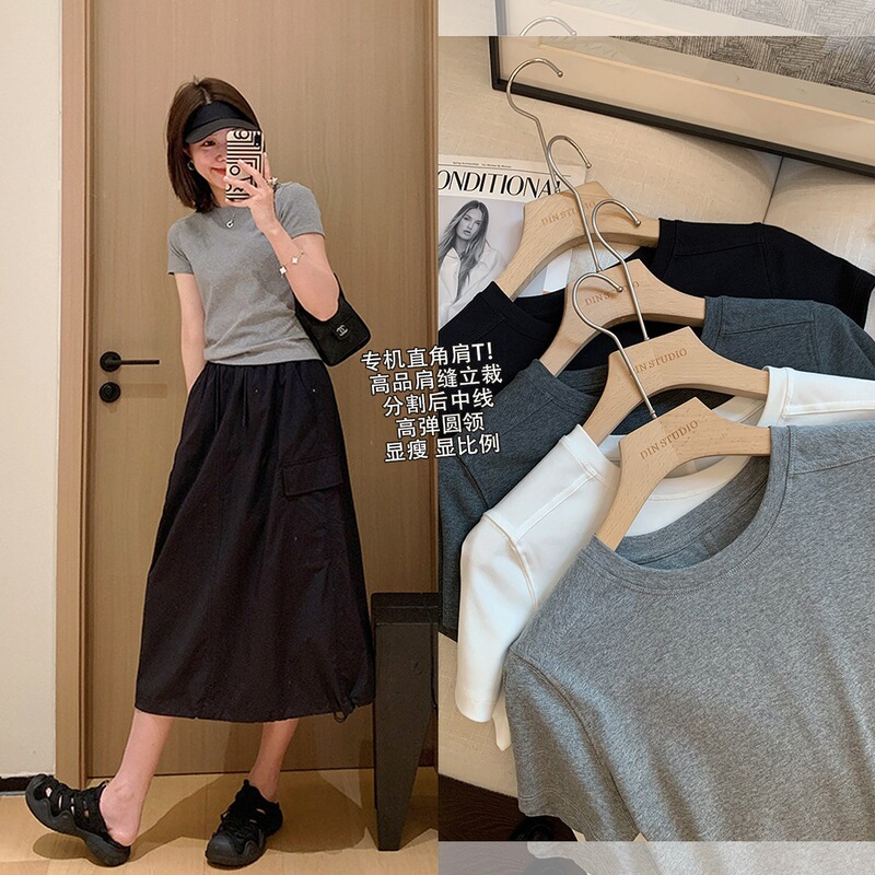 Right-Angle Shoulder T-Shirt! High-Quality Shoulder Seam Split Back Center Line High-Elastic Short-Sleeve Summer Casual Round-Neck T-Shirt for Women H051010 Right-Angle Shoulder T-Shirt! High-Quality Shoulder Seam Split Back Center Line High-Elastic Short-Sleeve Summer Casual Round-Neck T-Shirt for Women H051010