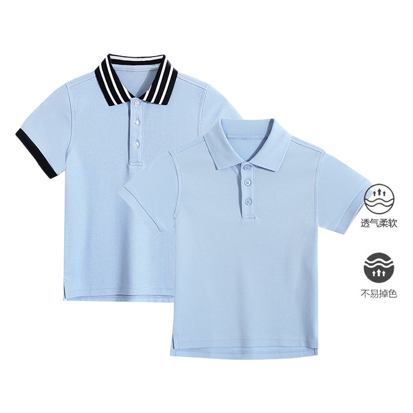 Boys and Girls White Short-Sleeved Polo Shirts, Base Shirts, Class Uniforms, Medium and Large Children's Light Blue Polo Shirts for Summer