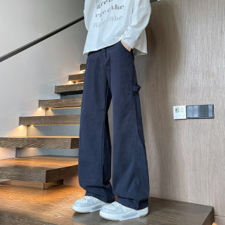 外贸批发2026款纯棉法工蓝直筒伐木工装裤男秋季阔腿牛仔裤美式
