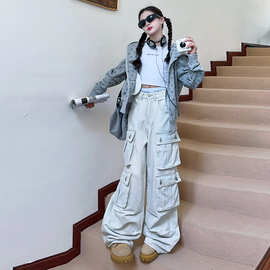 女童美式复古多口袋水洗直筒工装牛仔裤宽松hiphop街头阔腿休闲裤