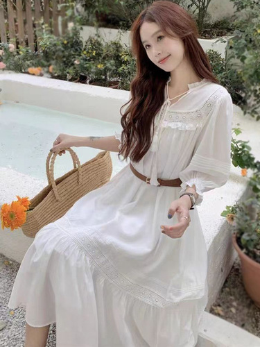 French-style vacation dress, summer Korean-style, artistic, gentle temperament, waist-cinching, slimming long dress, fairy-like