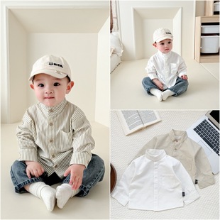 Infant Spring New Style Shirt Ins Boys' Long-Sleeved Vertical Collar Shirt Children's Baby's Out-of-town Top Trendy Cross-border