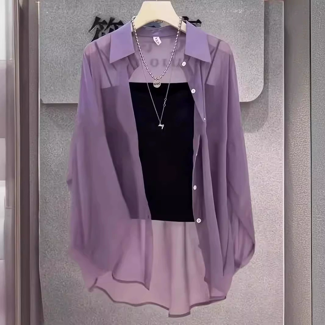 Летняя рубашка больших размеров, длинная рубашка, прозрачная и стильная повседневная женская рубашка, из перламутровой пряжи, универсальная повседневная рубашка.