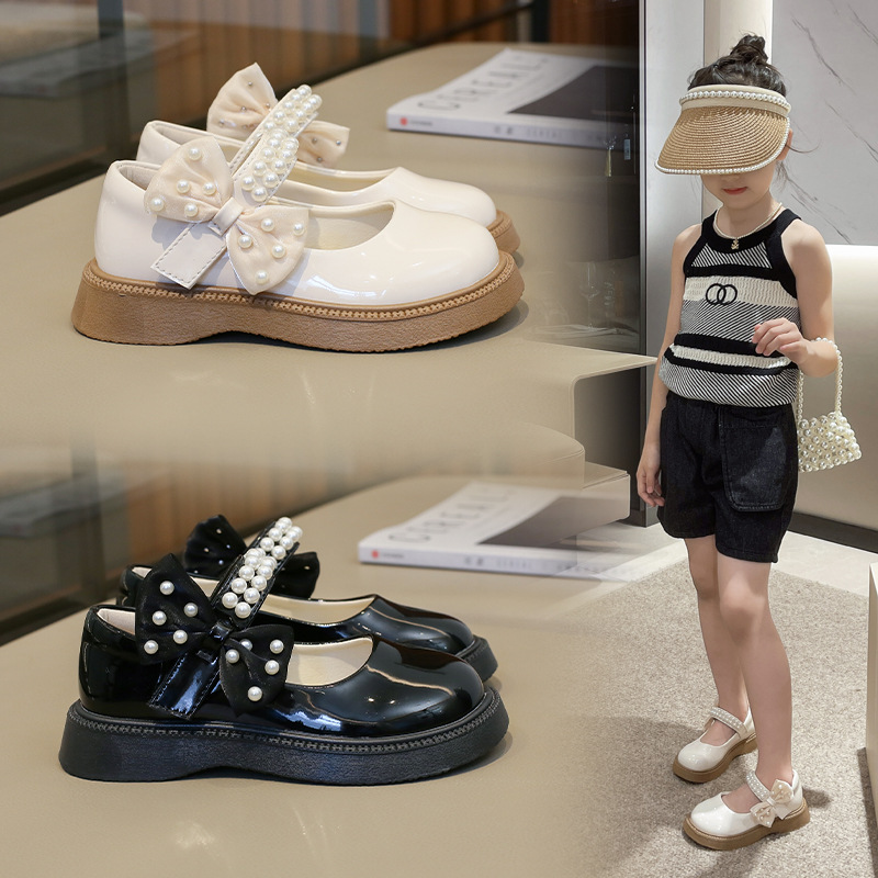 Girls' Shoes Summer Kidsren's Pearl Style Performance White Leather Shoes for Middle and Large Kidsren Girls Bow Princess Shoes