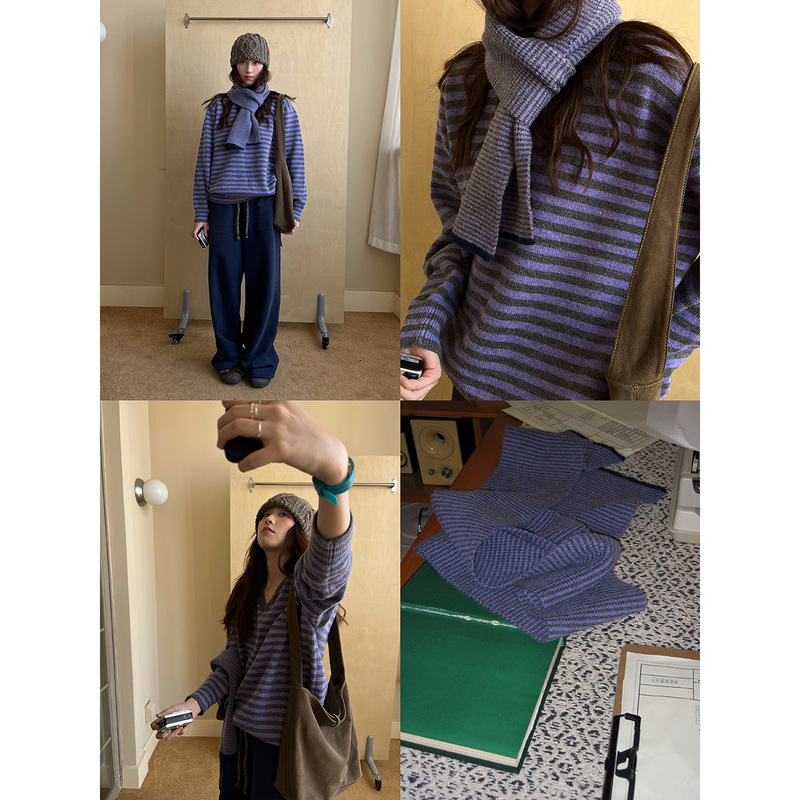 POXFFEE/紫色条纹V领针织衫毛衣女士秋冬新款叠穿搭配内搭打底衫|undefined