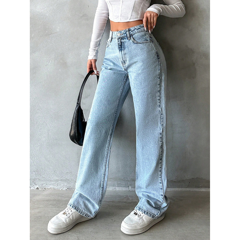 Cross-Border Foreign Trade Manufacturers Directly Sell European and American Retro Draped Jeans for Women, High-Waisted Wide-Legged Loose Straight Long Pants