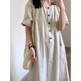 2025新款米黄色棉麻衬衫连衣裙女夏季日系文艺风裙