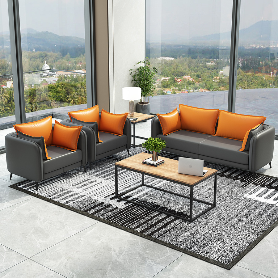 办公沙发茶几组合简约现代北欧商务皮衣休闲沙发会客招待厂家8591|ms