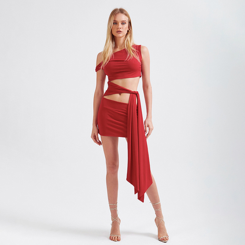 Women's Clothing European And American Style Women's Off-Shoulder Dress Summer Fashion Street Style Sleeveless Slim Fit Tie Waist Short Dress_ecoleips.com