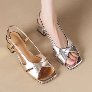 French Open-Toe Bough Heel Sandals Women's 2025 Summer New Arrival Trip Strap Square Toe Gold and Silver All-Match Rear Empty High-Heel Shoes