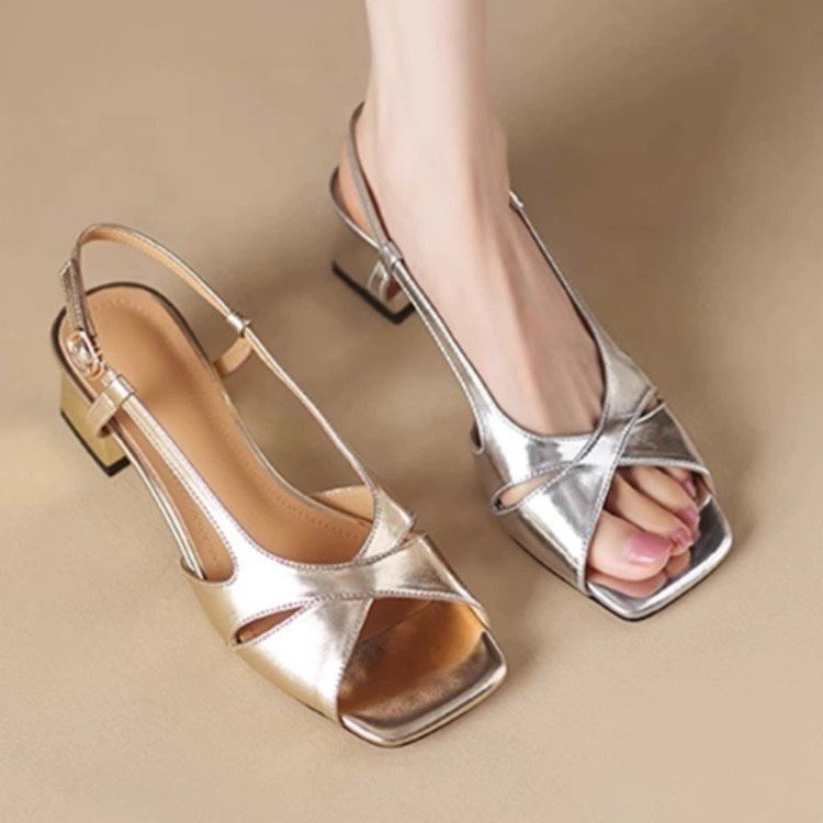Sandalias francesas de tacón grueso con punta abierta para mujer, nuevo estilo de verano 2025