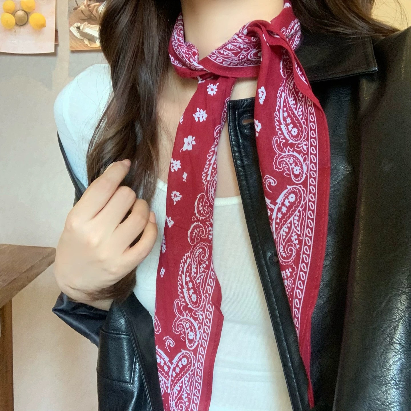 26# red cashew flower pattern triangle silk scarf necklace