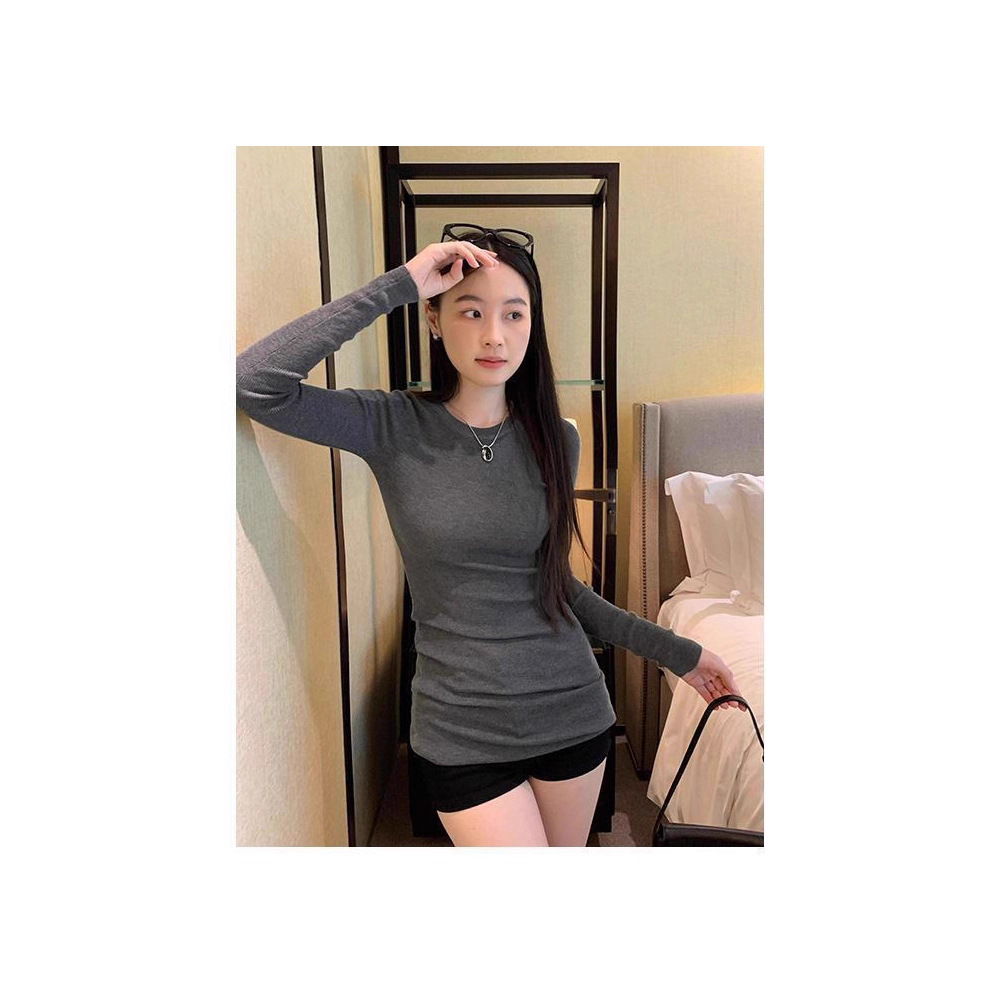 Korean-Style Gray Regular Shoulder Thermal Long-Sleeve T-Shirt for Women, 2025 New Slim-Fit Round Neck Base Shirt for Layering