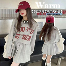 女童2024年春款学院风套装韩版时髦大童度假风长袖卫衣百褶裙外贸