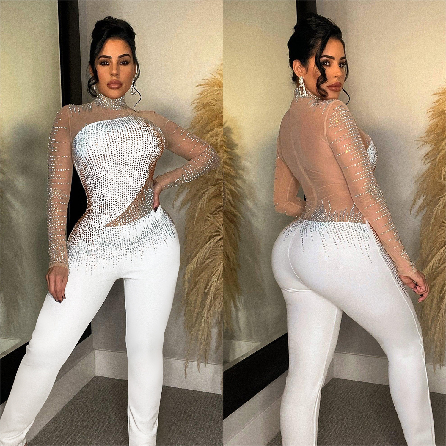 C6226 transfronteriza AliExpress Amazon moda europea y americana de las mujeres de color sólido de malla de diamantes de imitación pantalones de manga larga mono