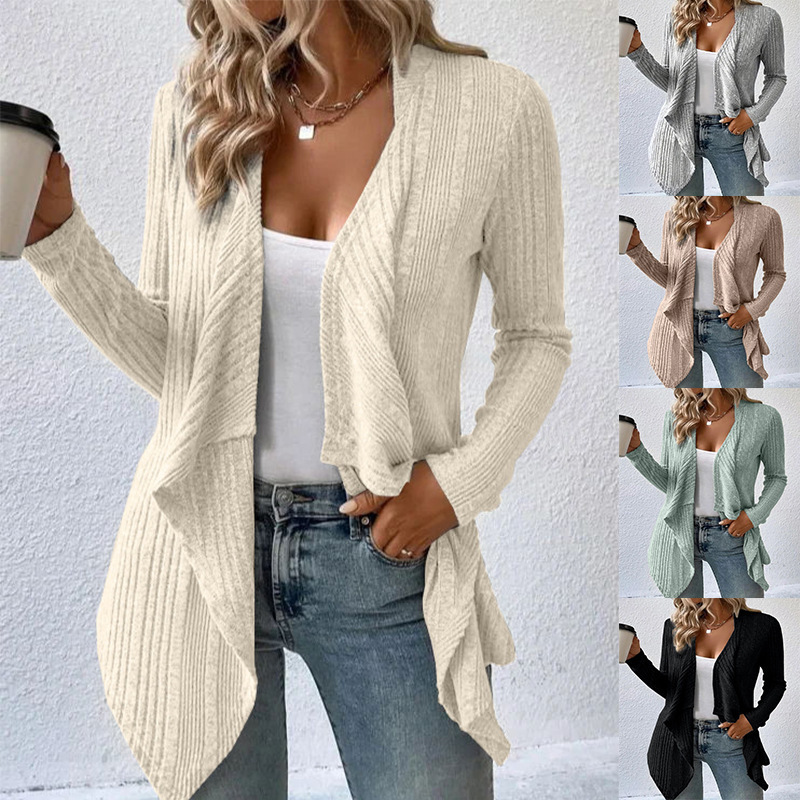 European and American Cross-Border 2024 Temu Popular Autumn and Winter Pure Color Ribbed Knitted Cardigan Short-Sleeved Cardigan Long-Sleeved Sweater