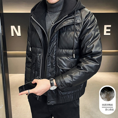 man have cash less than that is registered in the accounts Down Jackets thickening Leather pu Leather cap 2022 new pattern Chaopai winter Bread wear Men's coat