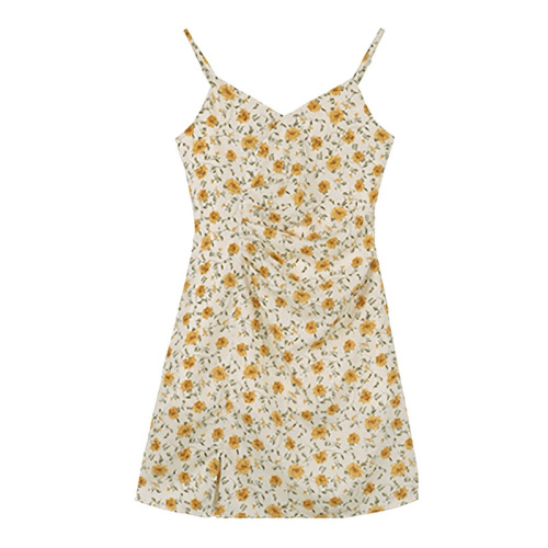 Small slit V-neck yellow floral French suspender dress gentle style sweet stem orange first love short skirt women summer