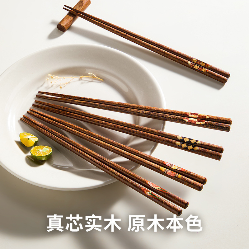 日式五色拼花筷高档木筷筷子创意抗菌防霉尖头家用防滑筷鸡翅木筷|undefined
