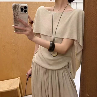 法式复古设计感斜肩披肩短袖针织衫女春夏新款高级感时尚斗篷上衣